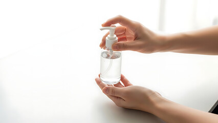 Close-up of a Caucasian person's hands dispensing clear liquid hand sanitizer from a white pump bottle onto their palm, promoting hygiene and cleanliness.