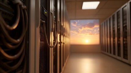 A modern server room aisle with racks and cables opening to a beautiful sunset sky