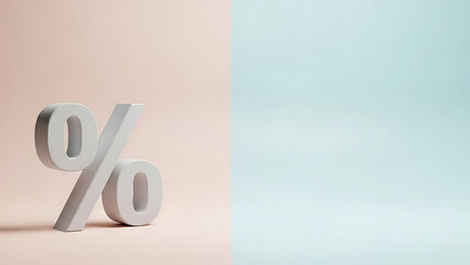 Clean, minimalist, 3D render of a stark white percentage symbol rendered with soft shadows and subtle ambient occlusion on a split pastel background, conceptually representing finance, disco