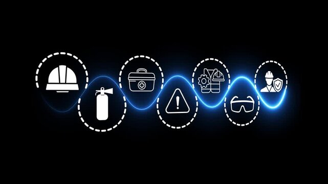 Workplace safety technology concept on the transparent background. Workplace safety technology in working process with safety culture and training. Motion graphics of self protection idea. 4k video.