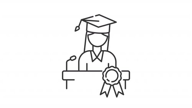 Animated graduating female student line icon. Doctoral studies animation. Academic achievement celebration. Higher education. Outline element on white background. HD video with alpha channel