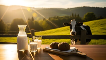 A serene rural scene featuring a glass milk bottle and two glasses on a wooden table with bread rolls, a curious cow in the background, set against a picturesque green hillside at sunrise.