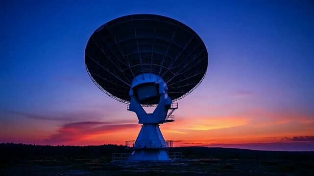 Large radio telescope dish under vibrant colorful sunset sky