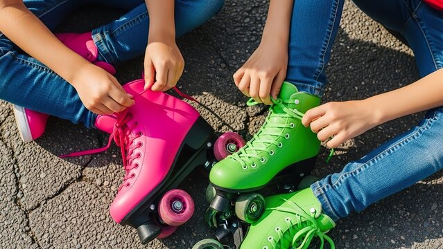 Low Angle View of Two Friends Tying the Laces of Their Vibrant Pink and Green Roller Skates