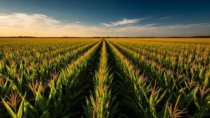 Aerial view of a vast cornfield with rows of green and yellow crops stretching towards the horizon under a blue sky with wispy clouds at sunset.