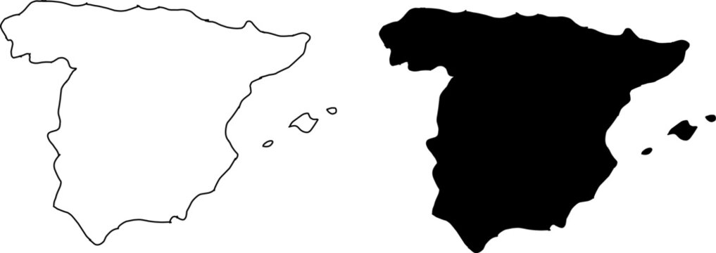 Outline and solid silhouette map of Spain with Balearic Islands on white background, simple geographic illustration for travel, education, and design.