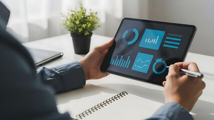 Person analyzing financial data on a modern tablet with charts and graphs, digital interface, business analytics, strategic planning, office desk setting, shallow depth of field.