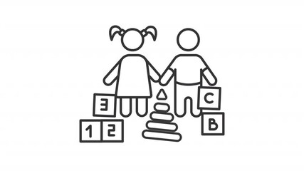 Animated kindergarten line icon. Little children with toys at daycare animation. Preschool facility for kids development. Outline element on white background. HD video with alpha channel