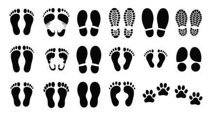 Human bare walk footprints and shoes, kids feet vector set, footsteps icon for print, trail, walking route, and footprint follow illustrations. © ayat 02