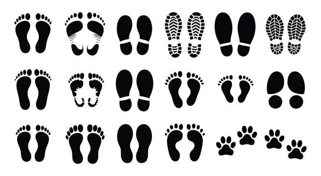 Human bare walk footprints and shoes, kids feet vector set, footsteps icon for print, trail, walking route, and footprint follow illustrations.