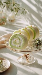 Delicate green and white swiss roll slices with cream filling arranged on vintage glass cake stand in soft morning sunlight, blurred plants and ceramics. Concept of elegant dessert table