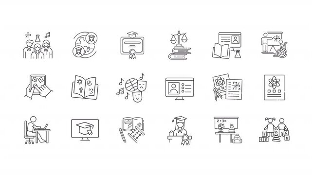 Animated education system line icons. Learning process improvement animation set. Skills and knowledge development. Schooling. Outline elements on white background. HD video with alpha channel
