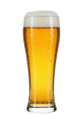 A tall Pilsner glass filled with deep golden-yellow craft wheat beer, fine condensation, and creamy microfoam on a reflective white studio background. Concept for premium beverage advertising