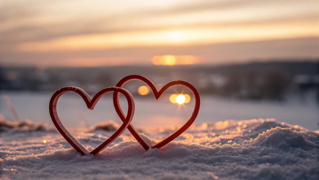 Two heart shapes on snow during sunset in winter landscape with sun setting in the background valentine's day concept - Powered by Adobe