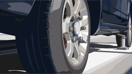 Detailed flat vector illustration of a car tire and wheel with silver rim on a dark vehicle with flat design and detailed tire and tire tread