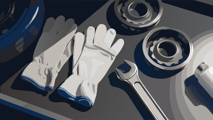 Flat vector illustration of white mechanic gloves with blue trim lying on a gray workbench alongside a wrench and metal gears with industrial