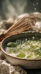Whipped matcha tea with frothy bubbles splashing in ceramic bowl, bamboo whisk and lace textile softly blurred on rustic table in warm morning light. Concept of mindful japanese tea ceremony
