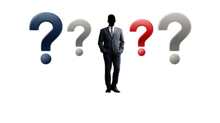 Man beside question mark individual in formal attire stands adjacent to a large prominent question mark symbolizing uncertainty