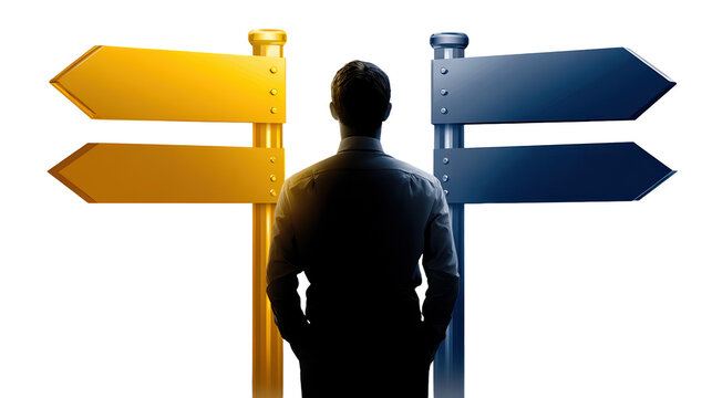 Man by signpost person standing beside a directional signpost indicating multiple directions