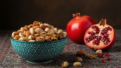 Vibrant pomegranate and nuts arrangement on colorful rug
