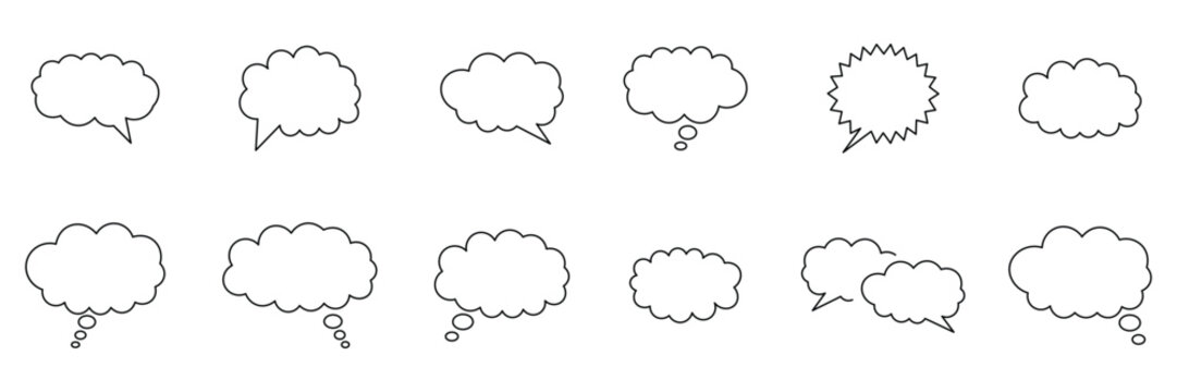 Though bubble speech bubble set. Outline black cloud bubble message thinking speech bubble collection. Set of speech bubble.