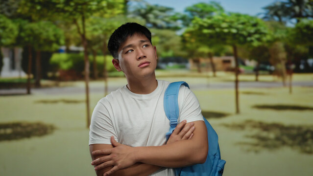 Young man standing thoughtful in a sunny park with folded arms, wearing a t-shirt and backpack, capturing a moment of introspection in an outdoor natural setting.