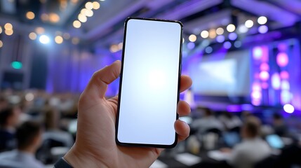 Hand Holding Blank Smartphone Mockup Against Blurred Blue Tech Conference Stage