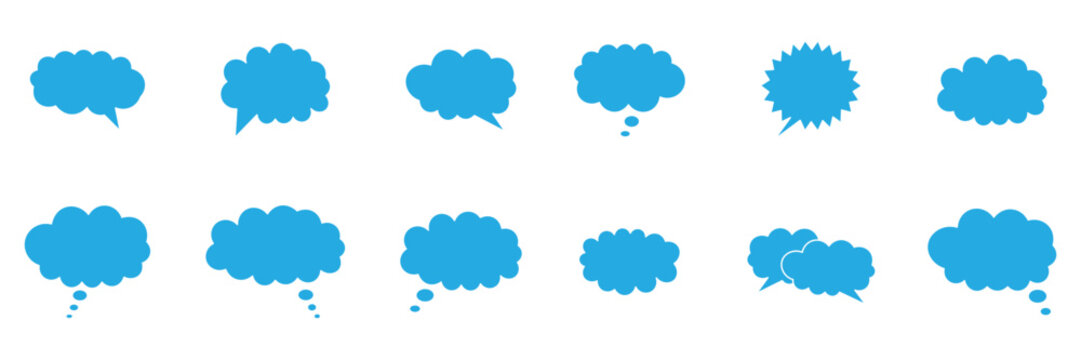 Though bubble speech bubble set. Solid sky blue cloud bubble message thinking speech bubble collection. Set of speech bubble.