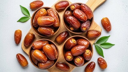 Delicious dates in wooden bowls on a cutting board with green leaves