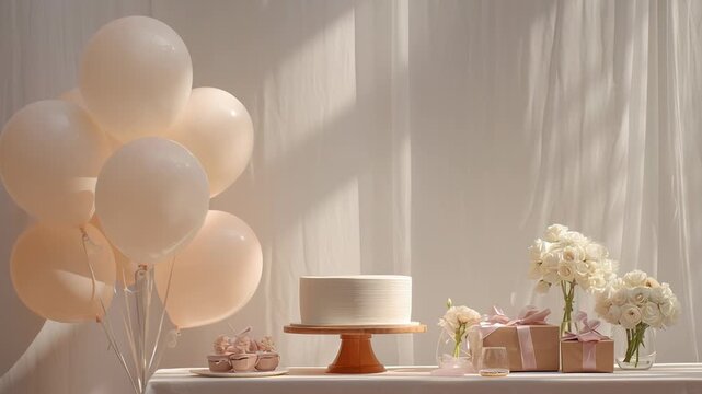 A table with a cake, balloons, and flowers. The balloons are white and the flowers are white. Simple elegant birthday setup, airy atmosphere, neutral background, aesthetic tasteful celebration mood