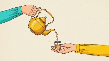 Hands serving tea from golden teapot into a glass