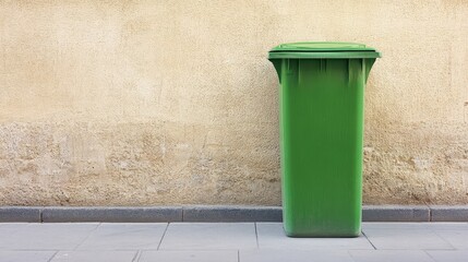 Naklejka premium 41.A clean, green trash can stands on a sidewalk against a light, neutral background. The trash can has a simple, modern design with a lid and a clear label for waste disposal, representing