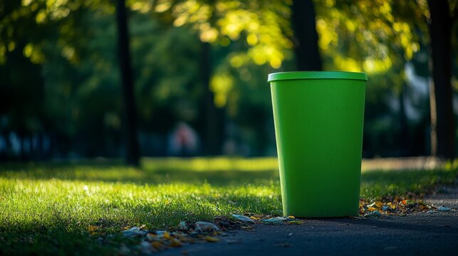 42.A vibrant, green trash can with a sleek, minimalist design sits in a city park. The can is pristine, with no litter nearby, symbolizing cleanliness and responsible garbage collection. A subtle