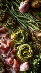 Green beans curled into rustic nests with italian prosciutto slices, fresh rosemary and garden flowers on wooden board in warm sunset light, concept of slow mediterranean aperitivo
