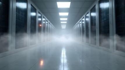 A dimly lit server room corridor filled with rolling fog and rows of server racks
