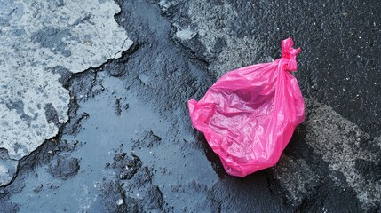 57.A torn pink plastic bag rests on a gray street, its contents scattered across the pavement. The image emphasizes the chaotic and unsightly nature of pollution, showing the stark contrast between