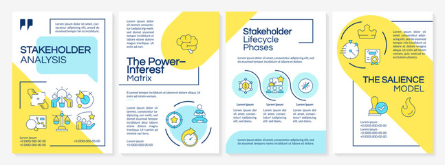 Stakeholder analysis blue and yellow brochure layout. Engagement strategy. Business management. Leaflet advertising design with color line icons. Editable 4 pages. Questrial, Lato-Regular fonts used