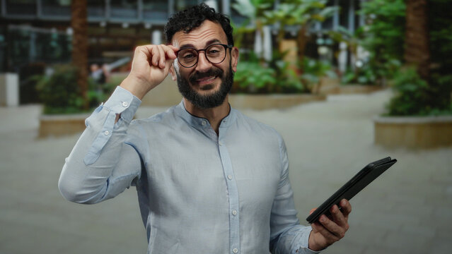 Hispanic man with beard holding a tablet standing outdoors on a street, smiling while adjusting glasses.