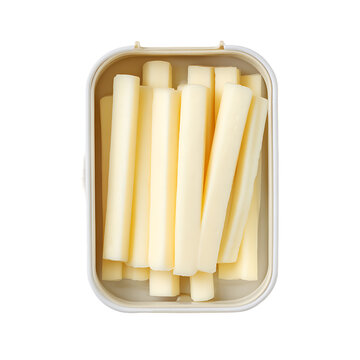String cheese in a lunchbox top view on white background.