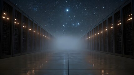 A dramatic futuristic server room corridor with rows of illuminated server racks extending into a dark misty atmosphere under a starry night sky