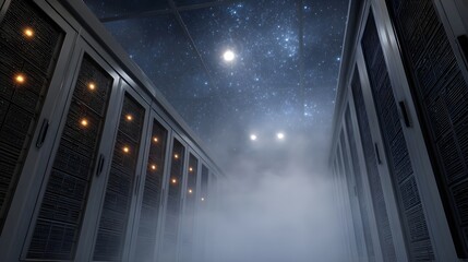A futuristic server room with rows of blinking racks shrouded in mist under a breathtaking starry night sky