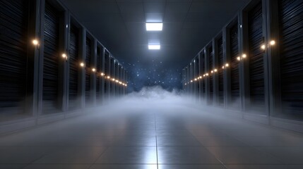A futuristic server room corridor filled with mist and glowing lights evoking a sense of digital mystery and advanced technology