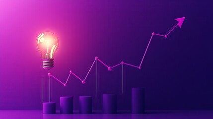 80.A business growth diagram on a violet background shows an upward curve, with a glowing light bulb at the top symbolizing a creative idea that has led to success. The scene visually represents the