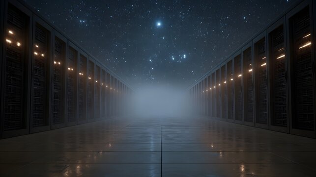 A dramatic futuristic server room corridor with rows of illuminated server racks extending into a dark misty atmosphere under a starry night sky - Powered by Adobe