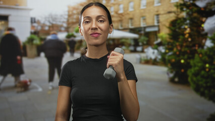 Woman holding dumbbell on a city street near outdoor cafe and decorated trees, performing a bicep curl gesture; fitness motivation determination.