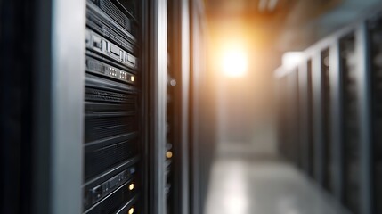 Rows of blinking servers in a modern data center aisle bathed in warm sunlight