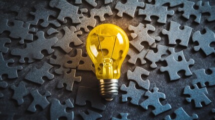 91.A flat lay of a jigsaw puzzle, with a yellow light bulb as the focal piece in the center. The remaining puzzle pieces are scattered around the edges, symbolizing that the light bulb represents the
