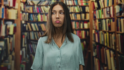 Young hispanic woman, brunette, rolling her eyes with a pouting mouth in a library building lined...