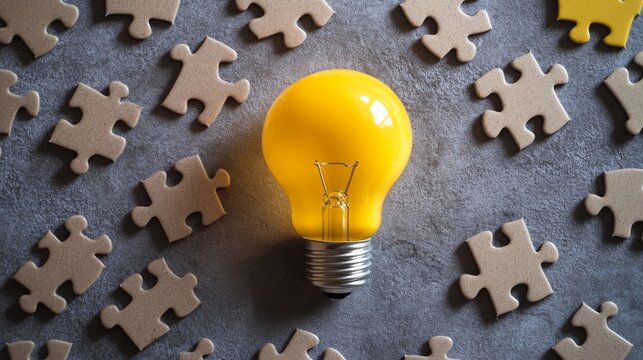93.A flat lay of a jigsaw puzzle with an incomplete design, with a yellow light bulb piece placed at the center. The surrounding puzzle pieces represent challenges or thoughts that need to be pieced