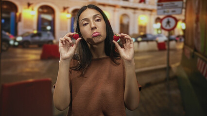 Woman holds two strawberries with visible hands in a city street by building facades and blurred...